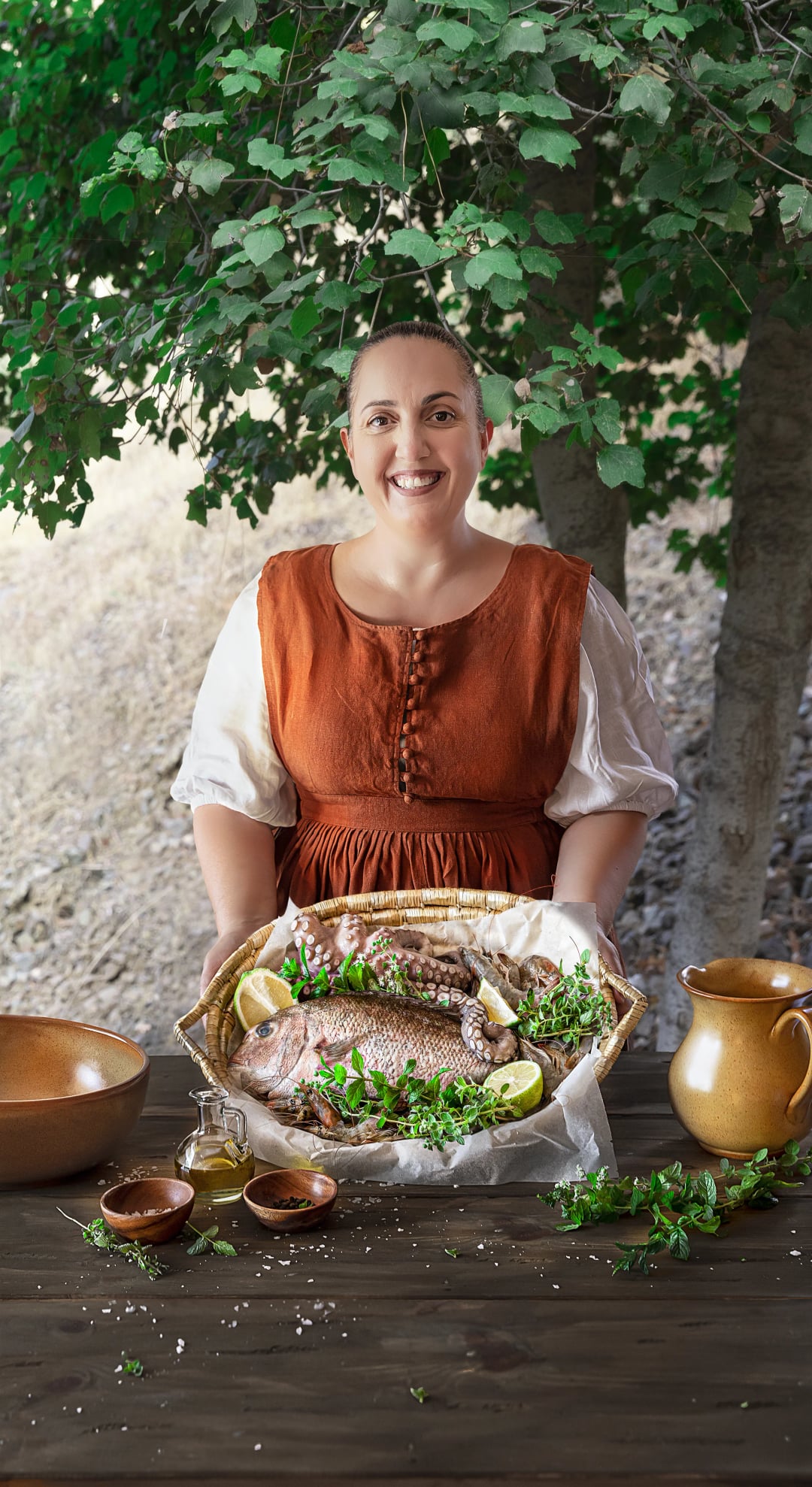 Fresh ingredients and garden herbs representing Chryso Lefou's philosophy of natural cooking and connection to nature