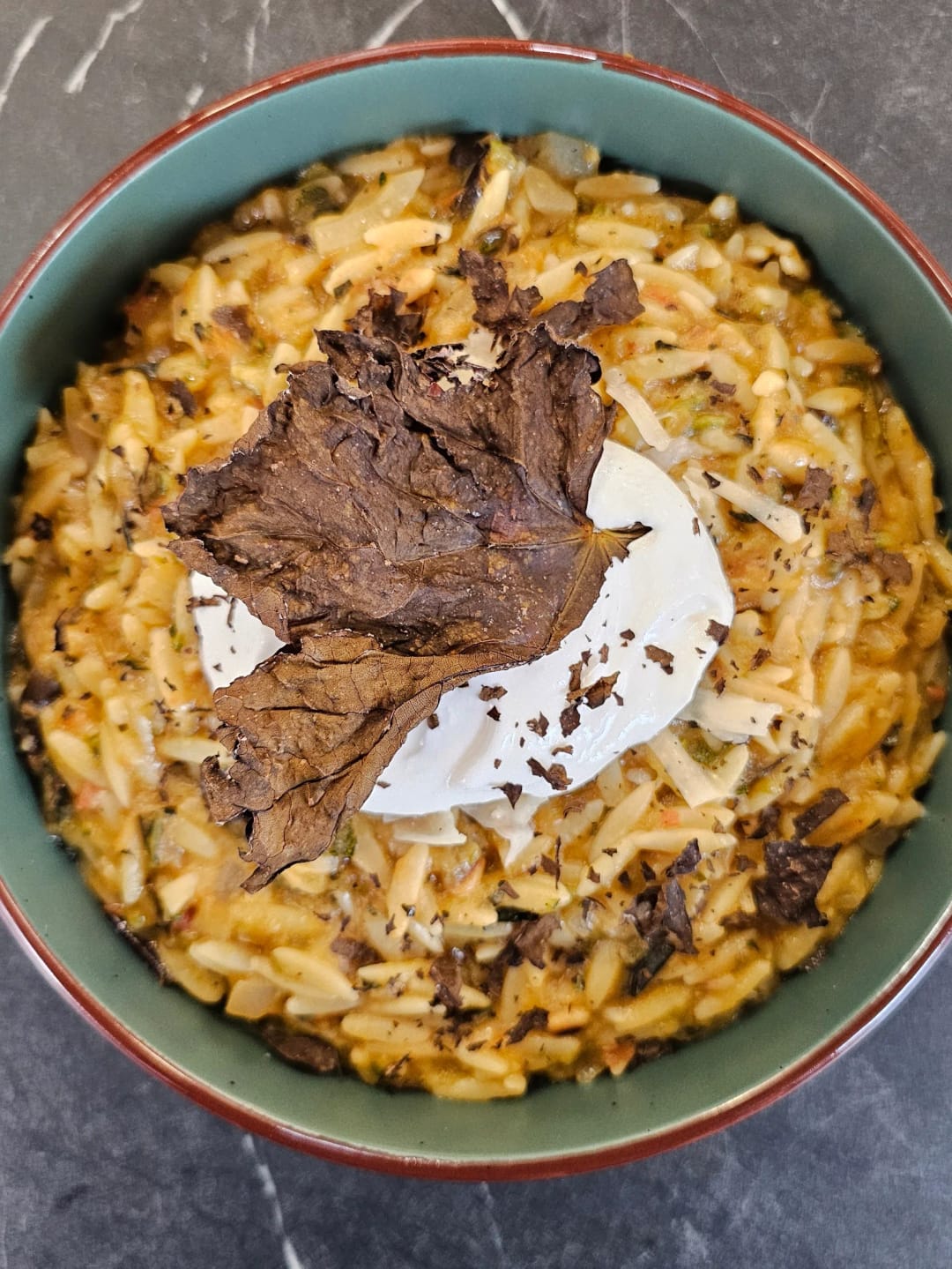 Gemista-Style Orzotto with Feta Mousse and Crispy Vine Leaves - recipe