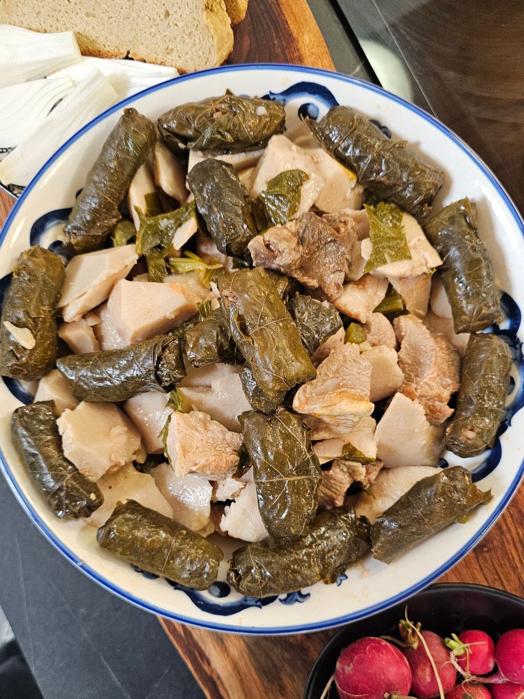Kolokasi (Taro Root) with Pork and Stuffed Vine Leaves (Koupepia) - recipe